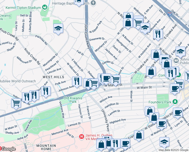 map of restaurants, bars, coffee shops, grocery stores, and more near 302 Delaware Street in Johnson City