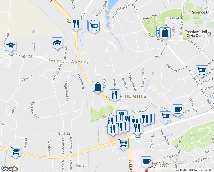 map of restaurants, bars, coffee shops, grocery stores, and more near 1108 Lark St in Johnson City