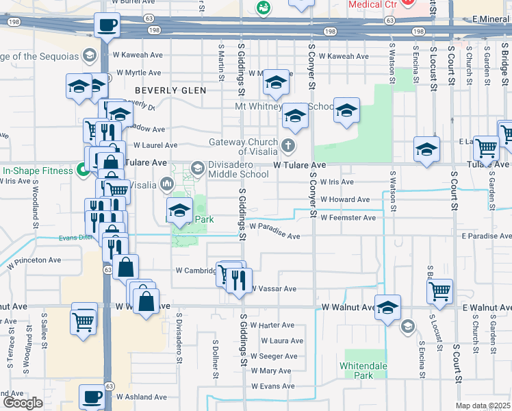 map of restaurants, bars, coffee shops, grocery stores, and more near 1131 West Howard Avenue in Visalia