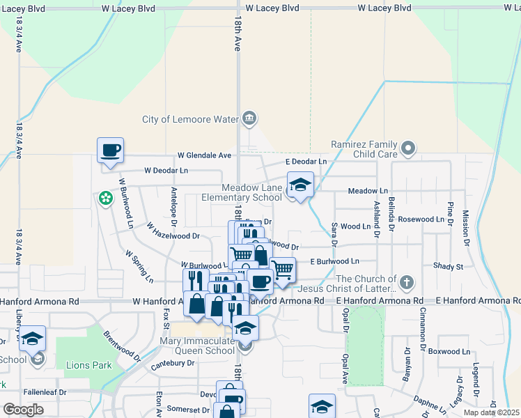 map of restaurants, bars, coffee shops, grocery stores, and more near 155 Quandt Place in Lemoore