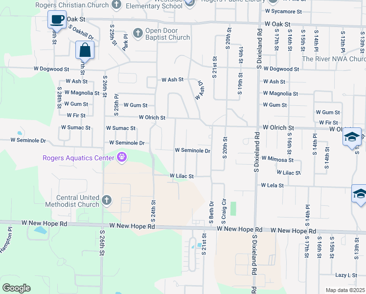 map of restaurants, bars, coffee shops, grocery stores, and more near 1704 South 22nd Street in Rogers