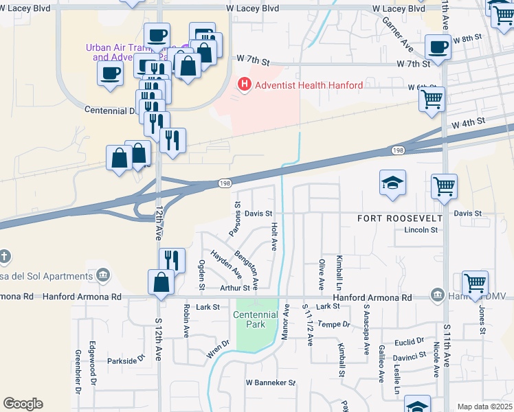 map of restaurants, bars, coffee shops, grocery stores, and more near 585 Gable Way in Hanford