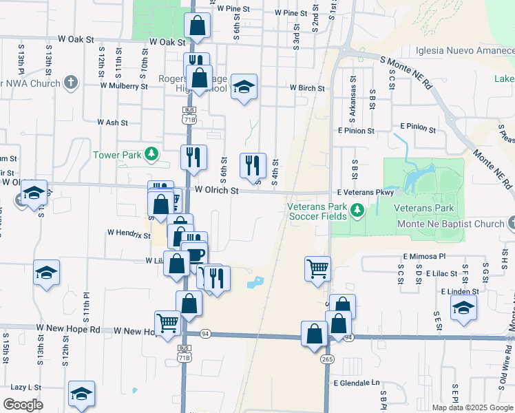 map of restaurants, bars, coffee shops, grocery stores, and more near 400 West Olrich Street in Rogers