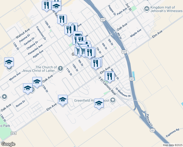 map of restaurants, bars, coffee shops, grocery stores, and more near 22 9th Street in Greenfield