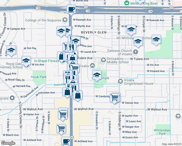 map of restaurants, bars, coffee shops, grocery stores, and more near 1425 South Divisadero Street in Visalia