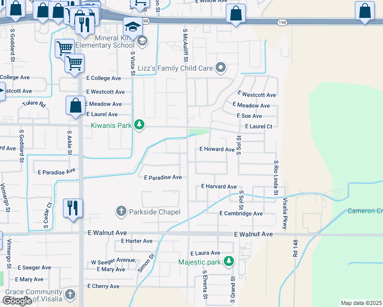 map of restaurants, bars, coffee shops, grocery stores, and more near 1407 South Laguna Street in Visalia