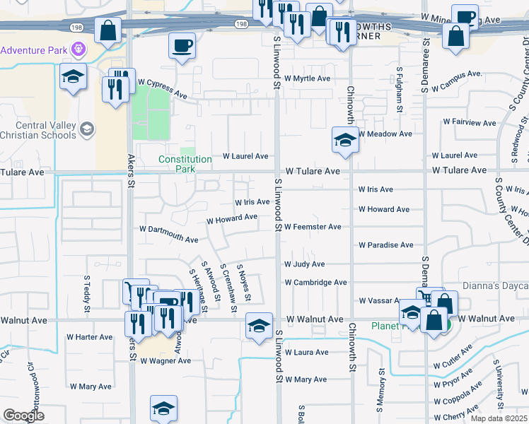 map of restaurants, bars, coffee shops, grocery stores, and more near 4534 West Howard Avenue in Visalia