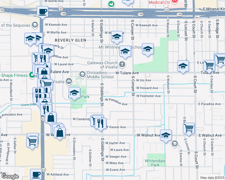 map of restaurants, bars, coffee shops, grocery stores, and more near 1131 West Howard Avenue in Visalia