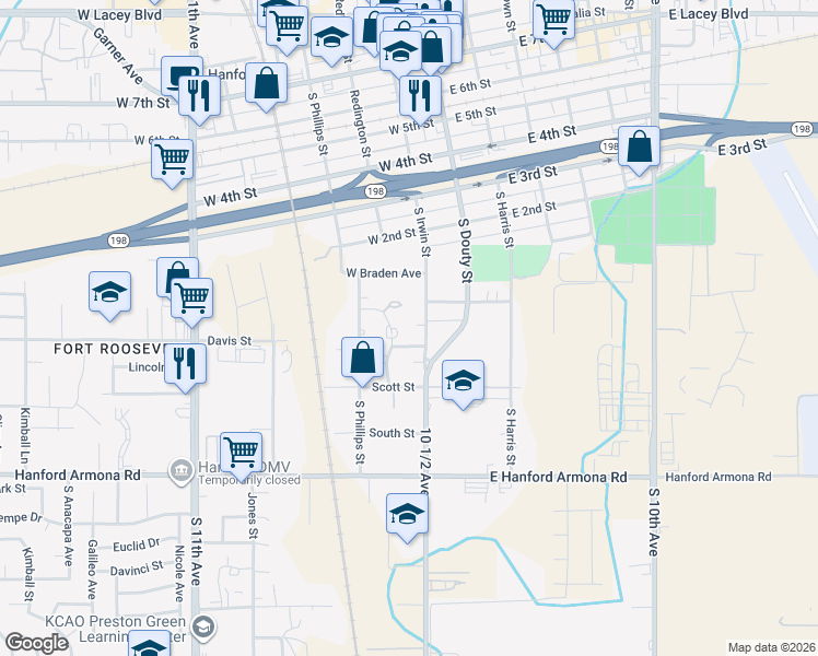 map of restaurants, bars, coffee shops, grocery stores, and more near 704-710 South Irwin Street in Hanford