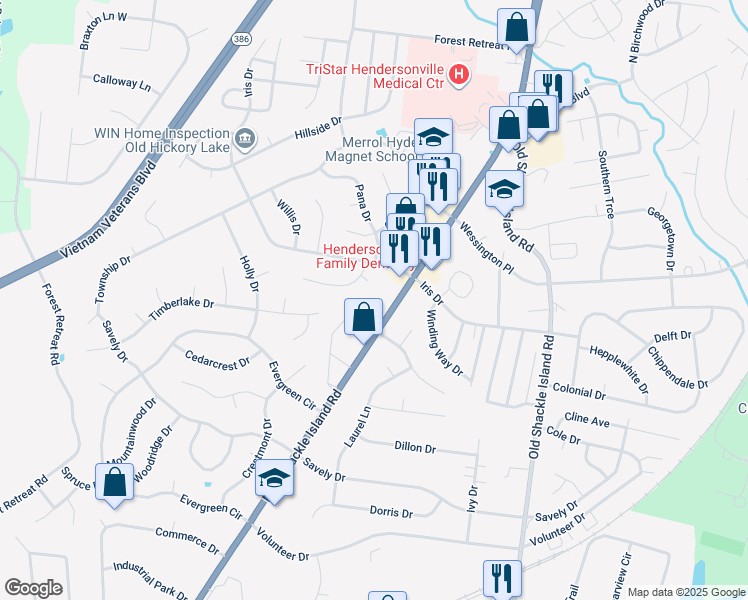 map of restaurants, bars, coffee shops, grocery stores, and more near 251 New Shackle Island Road in Hendersonville