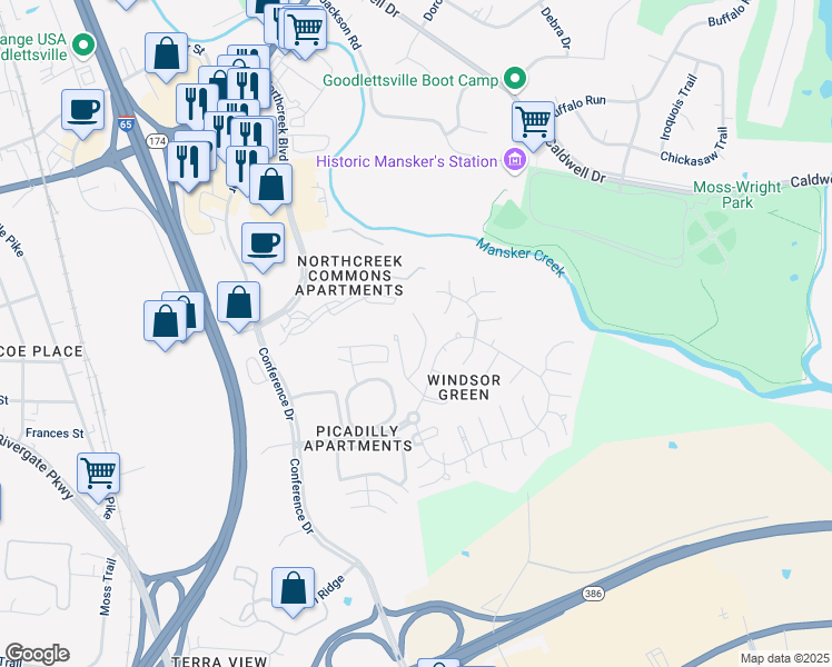 map of restaurants, bars, coffee shops, grocery stores, and more near 126 Canton Court in Goodlettsville