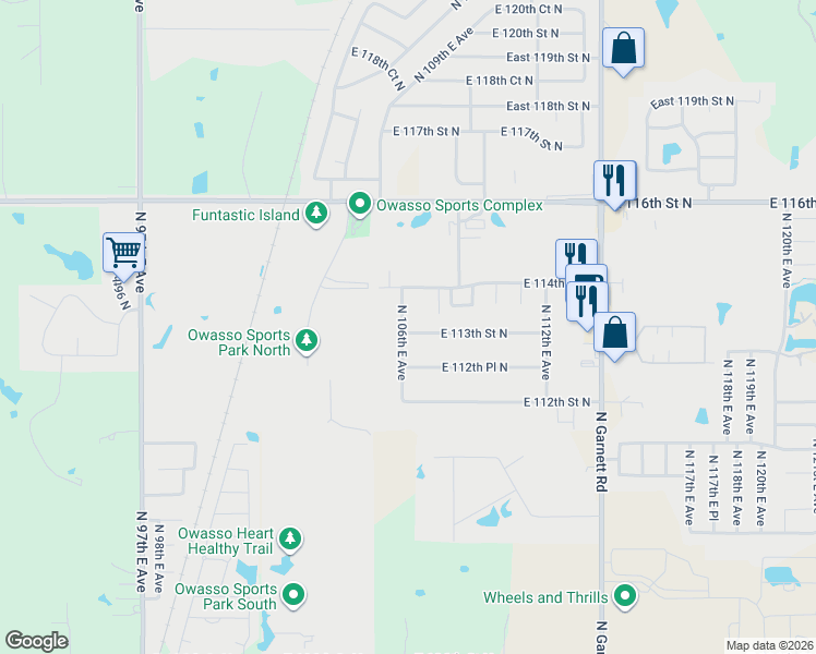 map of restaurants, bars, coffee shops, grocery stores, and more near 11302 North 106th East Avenue in Owasso