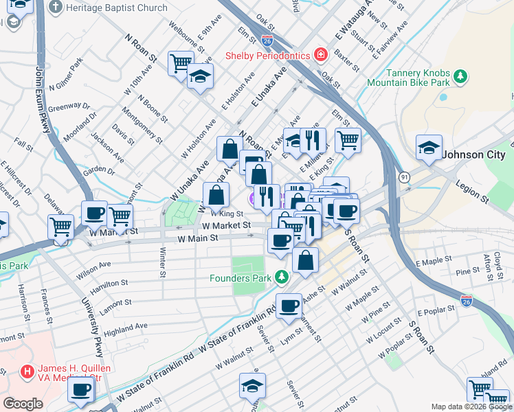 map of restaurants, bars, coffee shops, grocery stores, and more near 207 North Boone Street in Johnson City