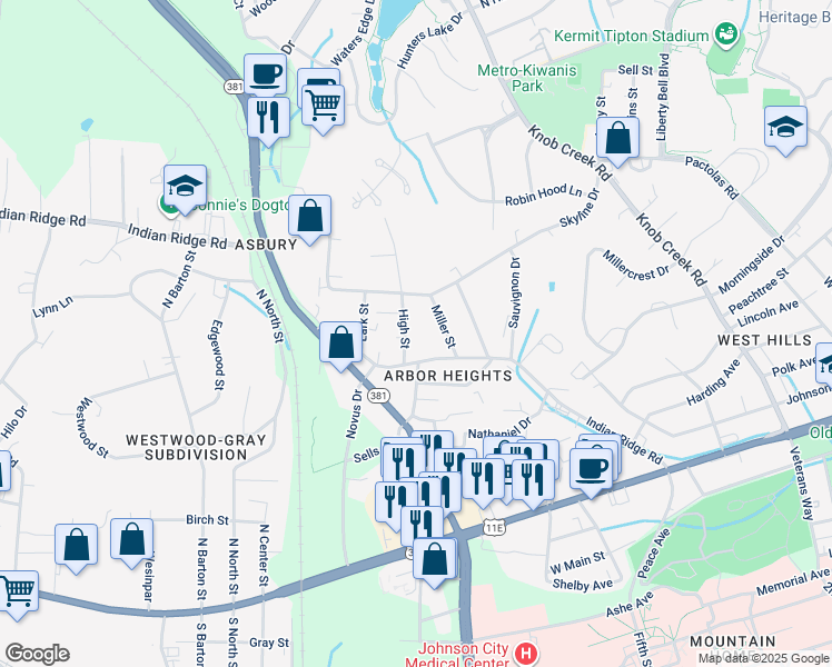 map of restaurants, bars, coffee shops, grocery stores, and more near 1108 High Street in Johnson City