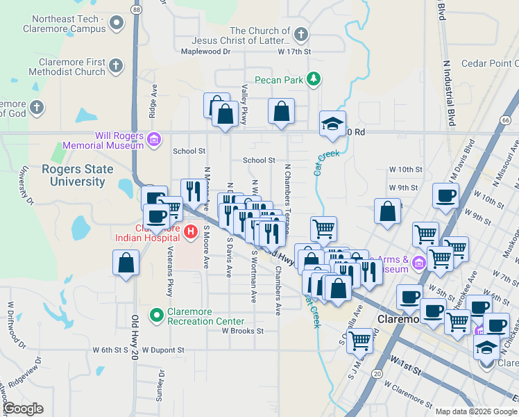 map of restaurants, bars, coffee shops, grocery stores, and more near 118 North Wortman Avenue in Claremore