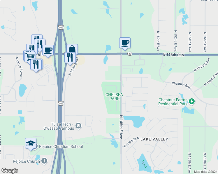 map of restaurants, bars, coffee shops, grocery stores, and more near 14306 East 113th Street North in Owasso
