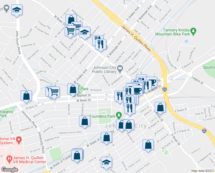 map of restaurants, bars, coffee shops, grocery stores, and more near 207 N Boone St in Johnson City