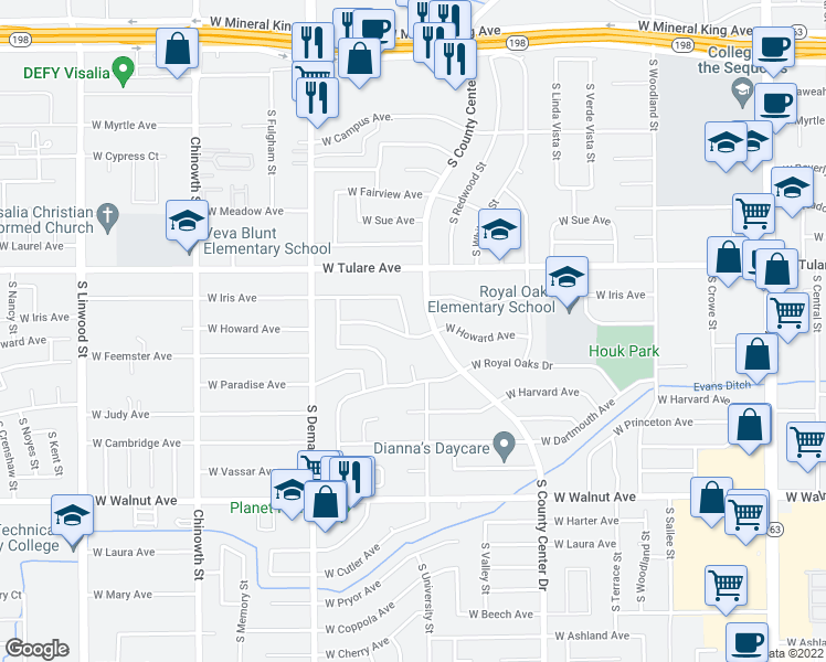 map of restaurants, bars, coffee shops, grocery stores, and more near 3322 West Howard Avenue in Visalia