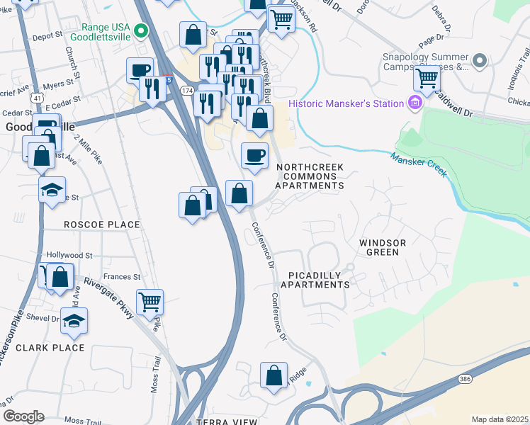 map of restaurants, bars, coffee shops, grocery stores, and more near 100 Lenox Place in Goodlettsville
