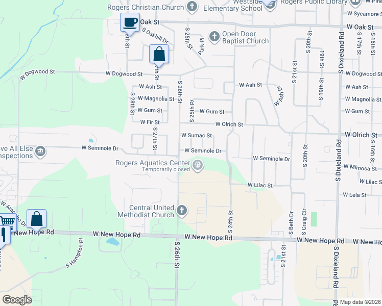 map of restaurants, bars, coffee shops, grocery stores, and more near 2506 West Seminole Drive in Rogers