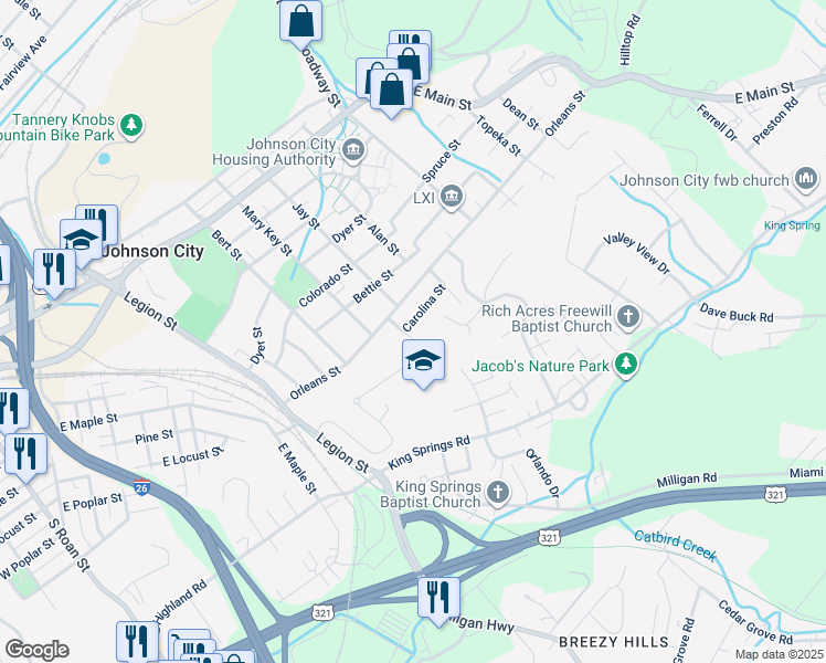 map of restaurants, bars, coffee shops, grocery stores, and more near 400 Carolina Street in Johnson City