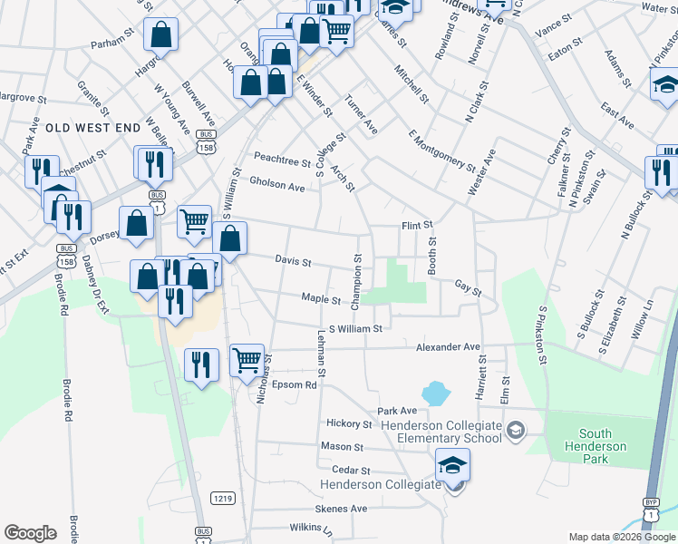 map of restaurants, bars, coffee shops, grocery stores, and more near 422 Davis Street in Henderson