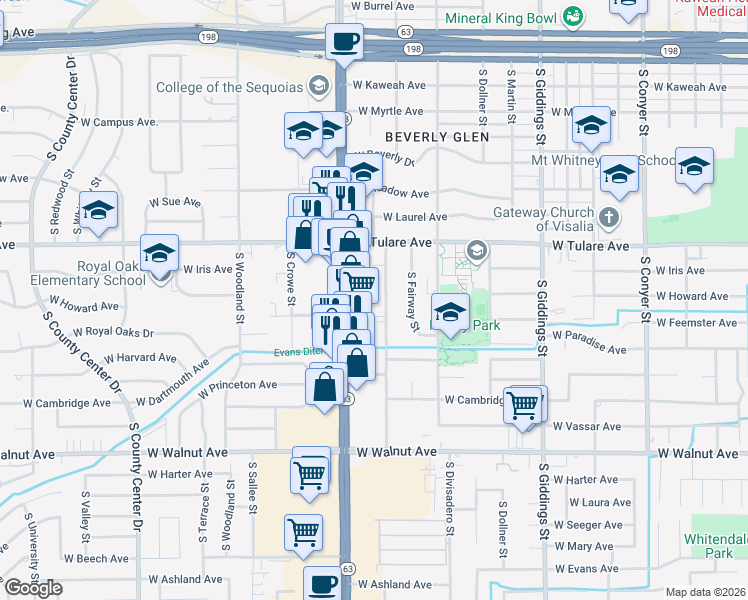 map of restaurants, bars, coffee shops, grocery stores, and more near 1430 South Mooney Boulevard in Visalia