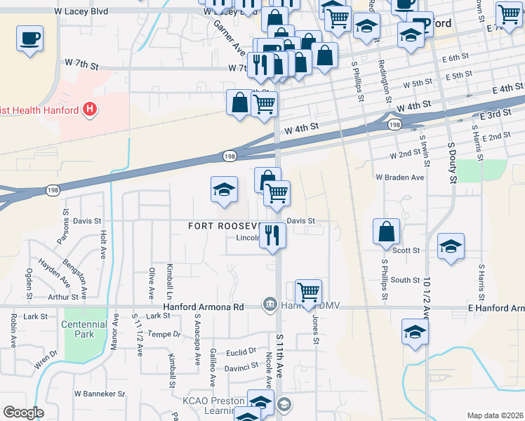 map of restaurants, bars, coffee shops, grocery stores, and more near 590 South Richmond Avenue in Hanford