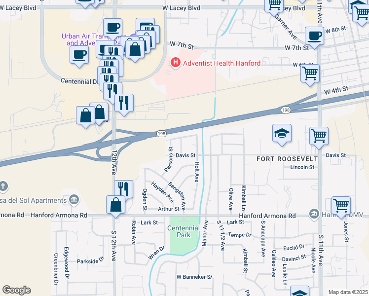 map of restaurants, bars, coffee shops, grocery stores, and more near 585 Gable Way in Hanford