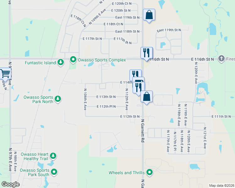 map of restaurants, bars, coffee shops, grocery stores, and more near 10625 East 113th Street North in Owasso