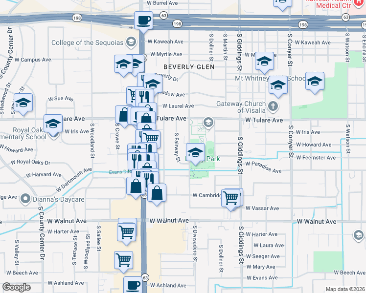 map of restaurants, bars, coffee shops, grocery stores, and more near 1411 South Divisadero Street in Visalia