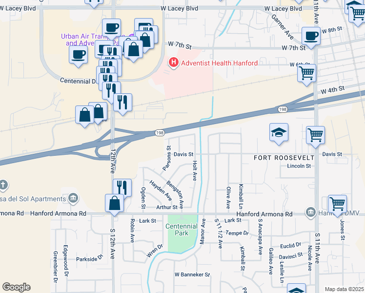 map of restaurants, bars, coffee shops, grocery stores, and more near 585 Gable Way in Hanford