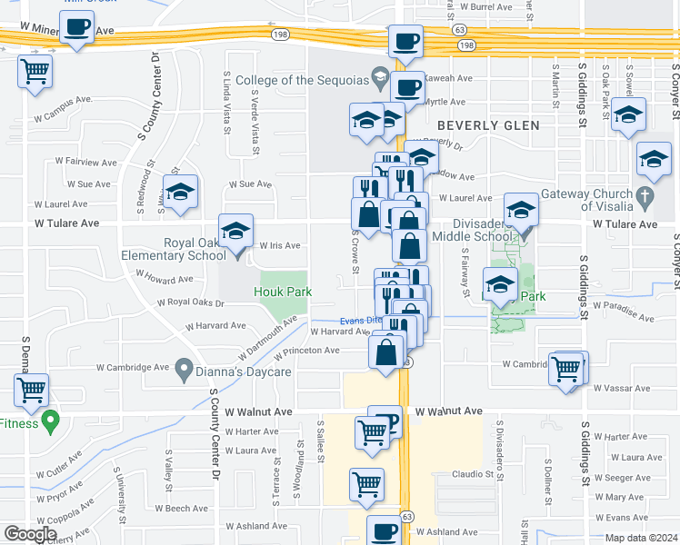 map of restaurants, bars, coffee shops, grocery stores, and more near 1431 South Crowe Street in Visalia