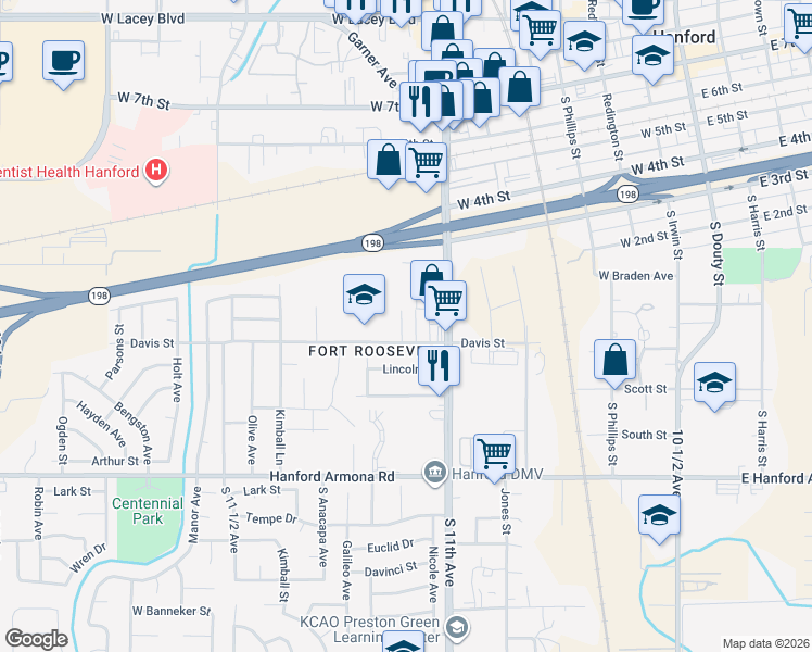 map of restaurants, bars, coffee shops, grocery stores, and more near 590 South Richmond Avenue in Hanford