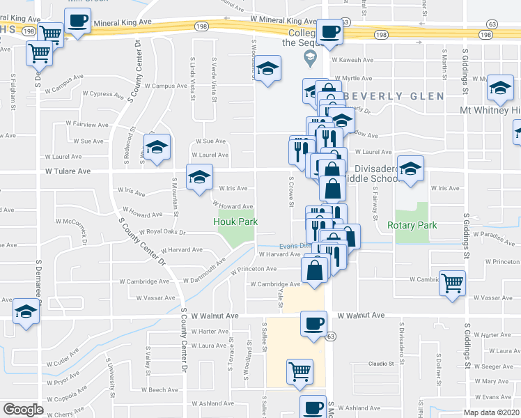 map of restaurants, bars, coffee shops, grocery stores, and more near 1412 South Woodland Street in Visalia