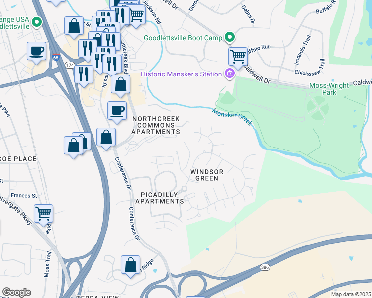 map of restaurants, bars, coffee shops, grocery stores, and more near 136 Canton Court in Goodlettsville