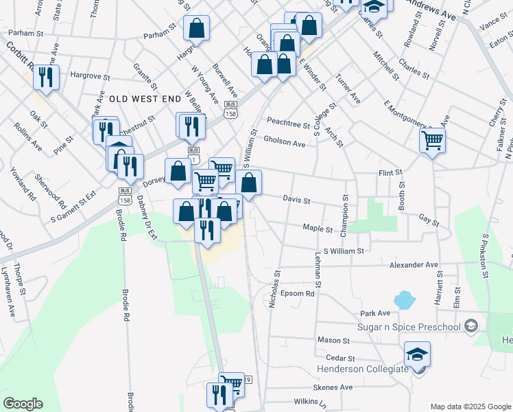 map of restaurants, bars, coffee shops, grocery stores, and more near South Williams Street in Henderson