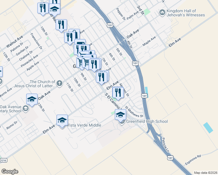 map of restaurants, bars, coffee shops, grocery stores, and more near 2 El Camino Real in Greenfield