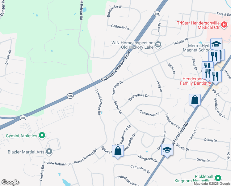 map of restaurants, bars, coffee shops, grocery stores, and more near 107 Moss Court in Hendersonville