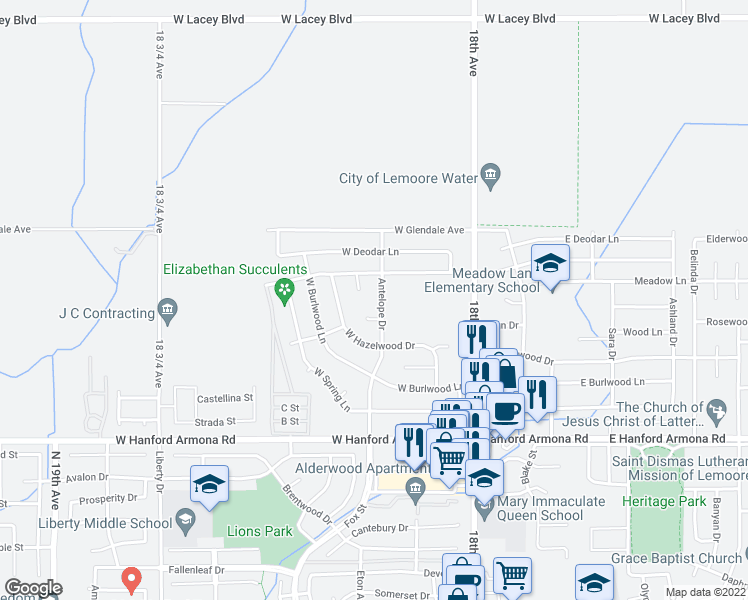 map of restaurants, bars, coffee shops, grocery stores, and more near 1437 Antelope Drive in Lemoore
