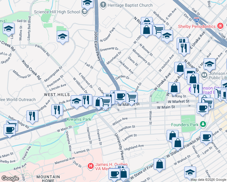 map of restaurants, bars, coffee shops, grocery stores, and more near 707 John Exum Parkway in Johnson City