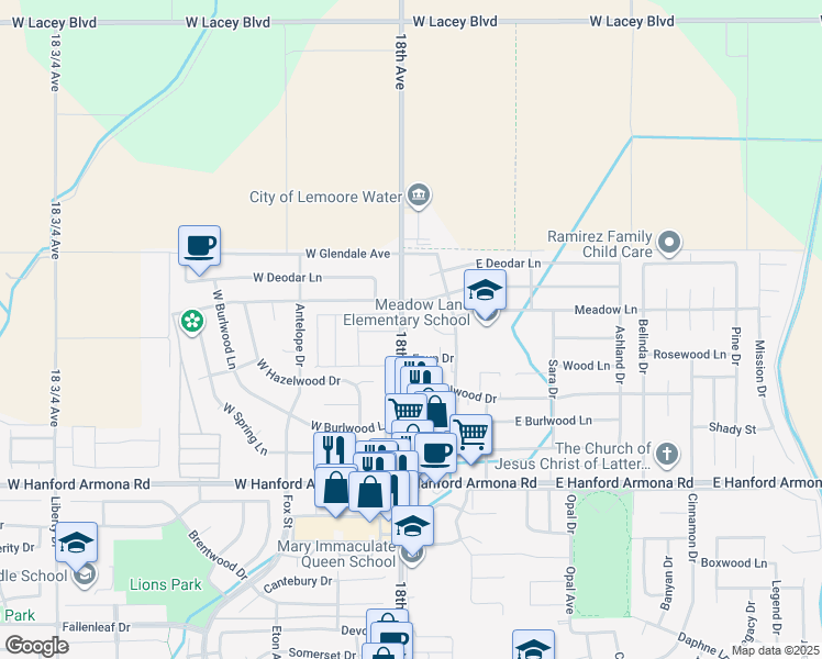 map of restaurants, bars, coffee shops, grocery stores, and more near 1874 18th Avenue in Lemoore