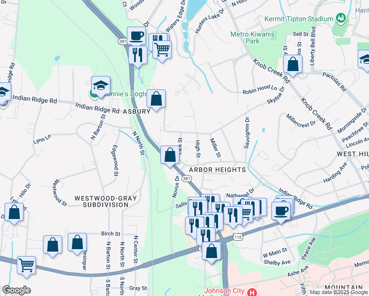 map of restaurants, bars, coffee shops, grocery stores, and more near 1108 Lark Street in Johnson City
