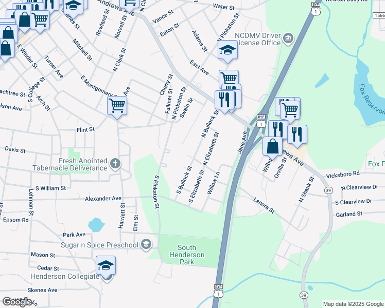 map of restaurants, bars, coffee shops, grocery stores, and more near 116 South Bullock Street in Henderson