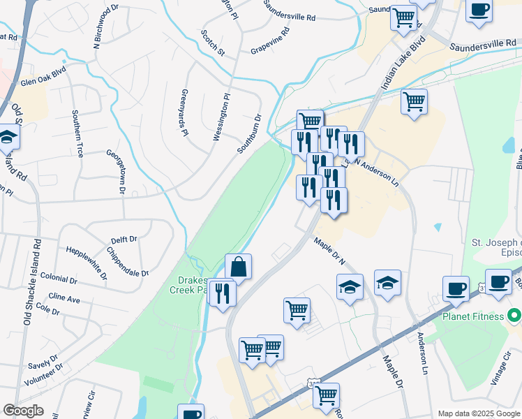 map of restaurants, bars, coffee shops, grocery stores, and more near Hendersonville Greenway in Hendersonville