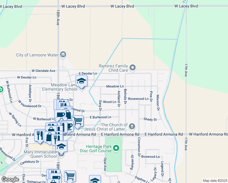 map of restaurants, bars, coffee shops, grocery stores, and more near 643 Tamarack Lane in Lemoore
