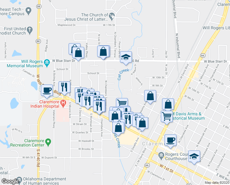 map of restaurants, bars, coffee shops, grocery stores, and more near 1105 West Will Rogers Court in Claremore