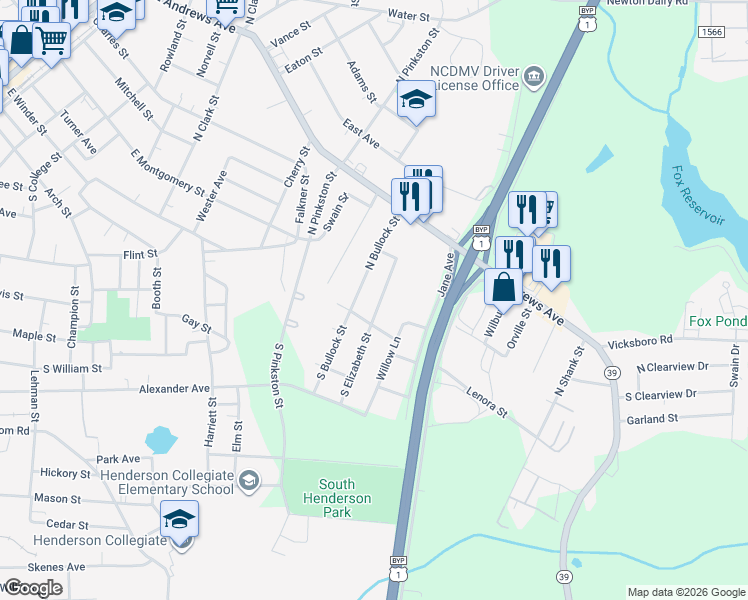 map of restaurants, bars, coffee shops, grocery stores, and more near 121 South Elizabeth Street in Henderson