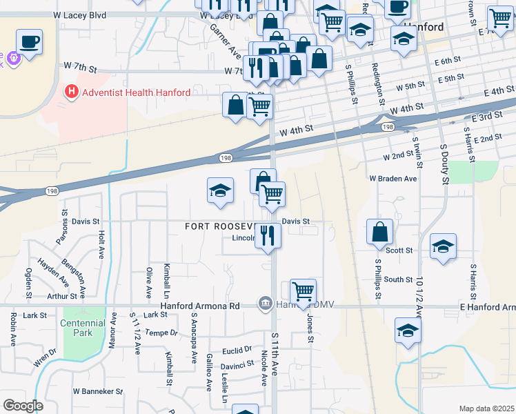 map of restaurants, bars, coffee shops, grocery stores, and more near 590 South Richmond Avenue in Hanford
