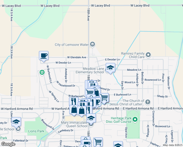 map of restaurants, bars, coffee shops, grocery stores, and more near 1874 18th Avenue in Lemoore